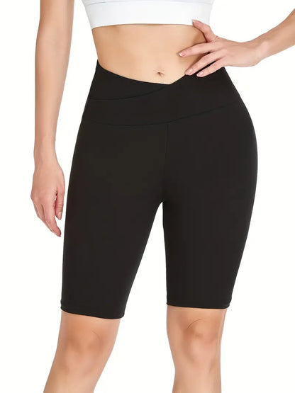 Women's Activewear: Crossover Waist Solid Biker Shorts for Comfort and Style During Workouts and Yoga!