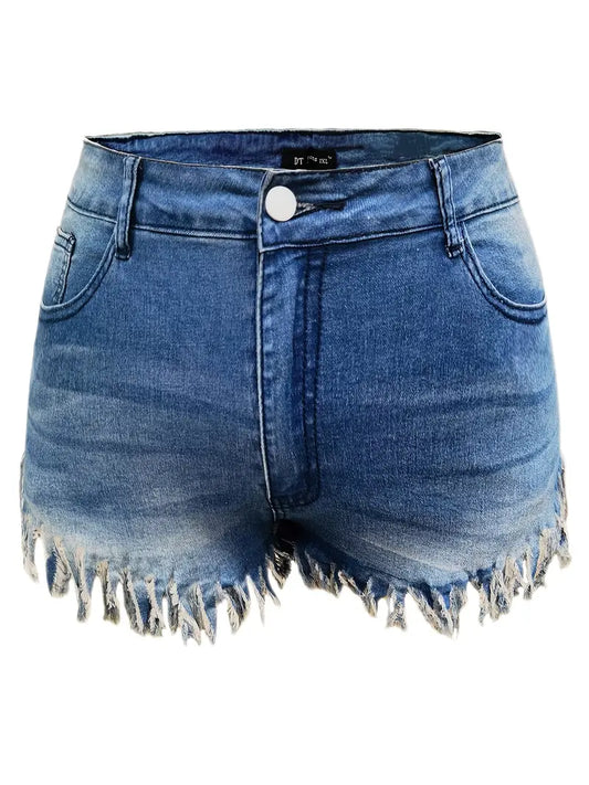 Plus Size Sexy Denim Shorts, Women's Plus Solid Fringe Trim High Rise Medium Stretch Button Fly Pocketed Denim Shorts