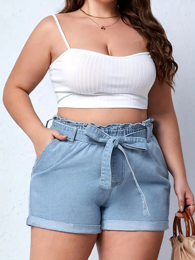 Plus Size Casual Denim Shorts, Women's Plus Solid Elastic Paperbag Waist Roll Hem High Rise Denim Shorts With Belt