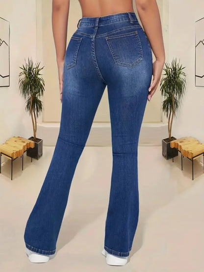 Ripped Stretchy Flare Leg Jeans, High Rise Whiskering Bell Bottoms Denim Pants, Women's Denim Jeans & Clothing