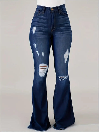 Blue Raw Hem Flared Jeans, Bell Bottom Ripped Holes High Waist Denim Pants, Women's Denim Jeans & Clothing