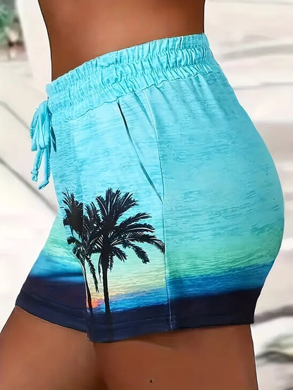 Women's Coconut Tree Print Drawstring Shorts - Perfect for Spring & Summer Casual Wear!