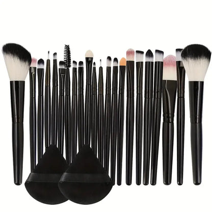 All-in-One 22-Piece Professional Makeup Brush Set + 2 Triangle Puffs - Nylon Bristles for Perfect Application: Foundation, Powder, Concealers, Eye Shadows, Blush, & More