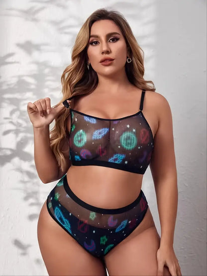 Plus Size Planet Print Contrast Mesh Bra & Panties Set, Women's Plus High Stretch Sexy Lingerie 2pcs Set, Women Plus Size Two Piece Set