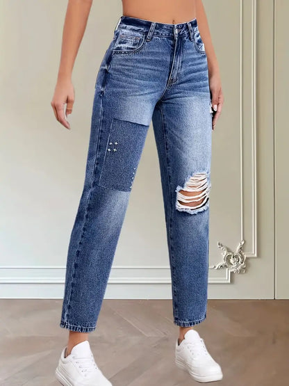 Blue Ripped Holes Straight Jeans, Non-Stretch Slant Pockets Embroidered Decor Tapered Jeans, Women's Denim Jeans & Clothing