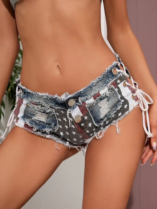 Women's Ripped Raw Hem Mini Denim Shorts, Flag Print Frayed Jeans Shorts, Beach Bandage Mini Pants