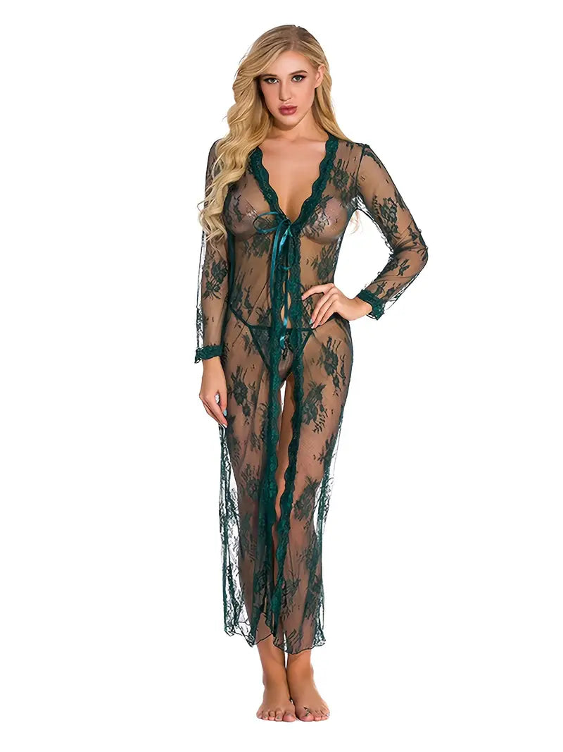 Lingerie For Women Long Lace Front Open Semi-Sheer Mesh Night Robe Sleep Lingerie