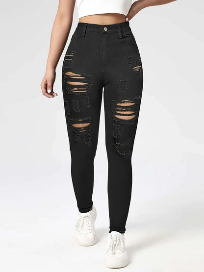 Black Ripped Skinny Jeans, Slash Pockets Distressed High Waist Slim Fit High Rise Denim Pants, Women's Denim Jeans & Clothing