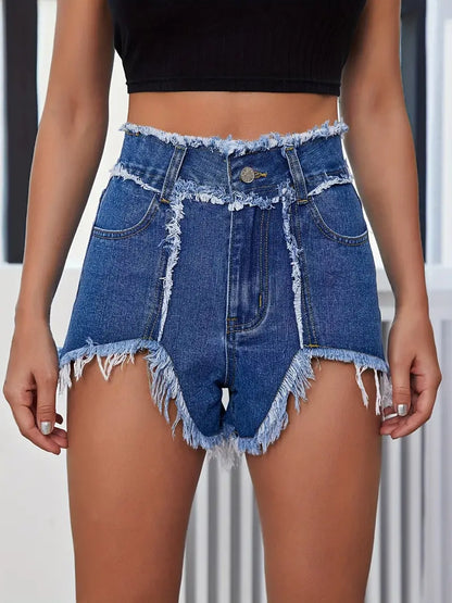 Blue Raw Hem Denim Shorts, High Waist Slash Pockets Distressed Slim Fit Short Denim Pants, Women's Denim Jeans & Clothing