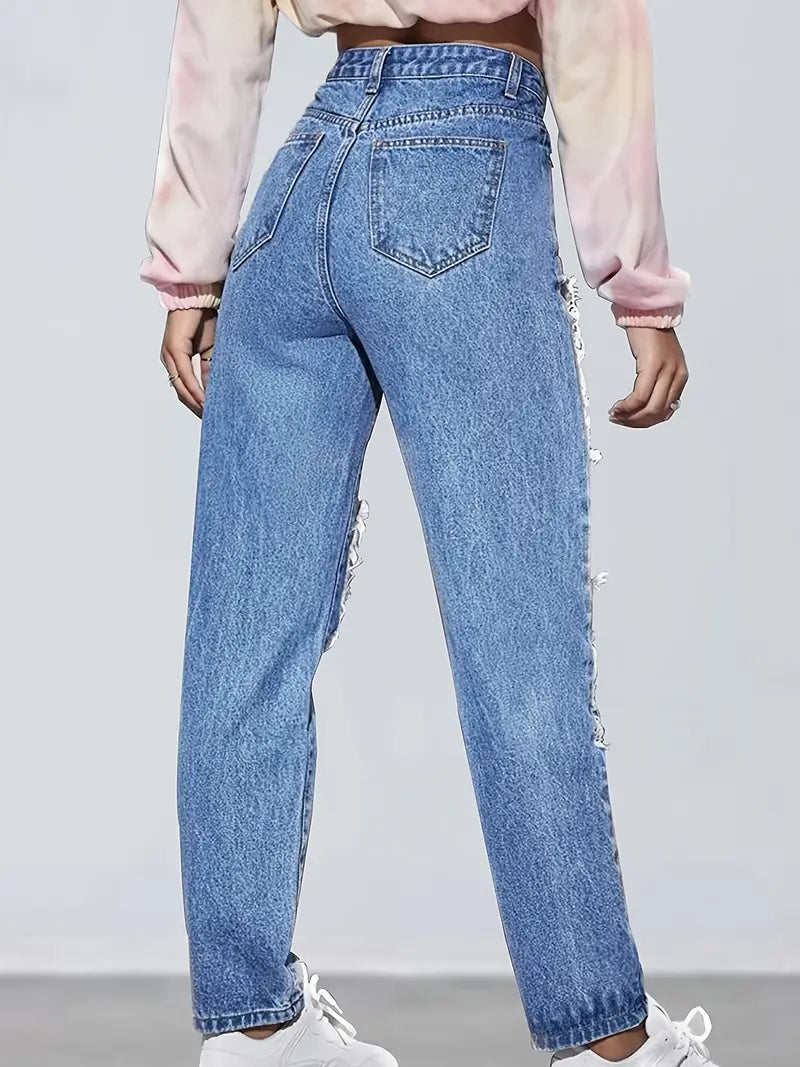 Light Blue Ripped Straight Jeans, Distressed Loose Fit High Waist Denim Pants, Women's Denim Jeans & Clothing