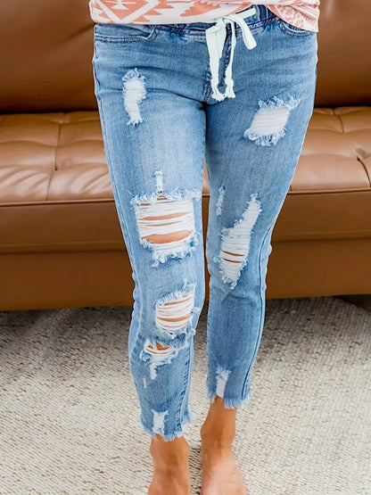 Ripped Drawstring Waist Cropped Jeans, Raw Hem Distressed Stretchy Street Style Skinny Denim Pants, Women's Denim Jeans & Clothing