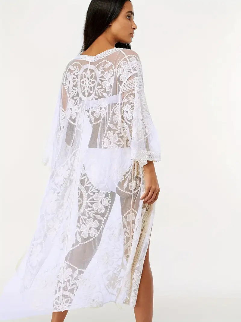 White Long Sleeves Cover Up Shirt, V Neck Semi-Sheer Floral Embroidered Robes, Boho Style, Women's Swimwear & Clothing