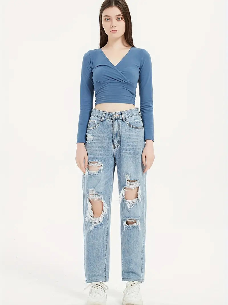 Jean en denim déchiré taille haute coupe ample pour femme - Poches obliques et pantalon ample non extensible 