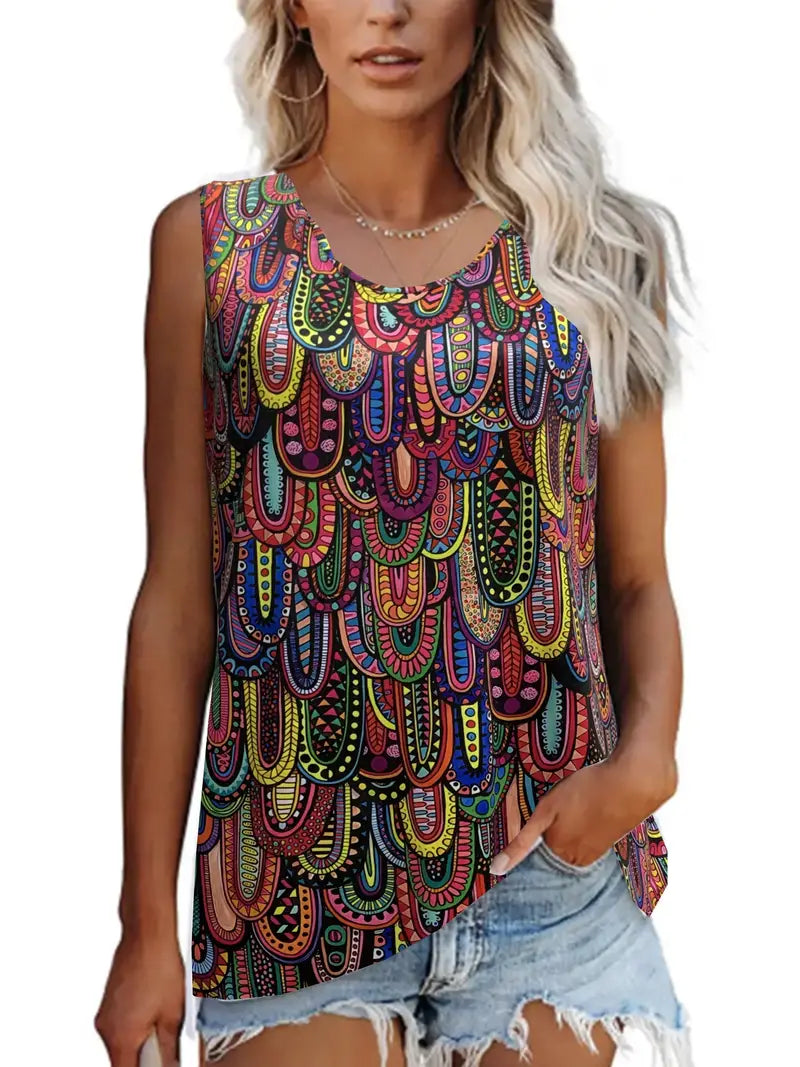 Ethnic Print Tank Top, Casual Crew Neck Sleeveless Summer Full Printed Tank Top, Women's Clothing