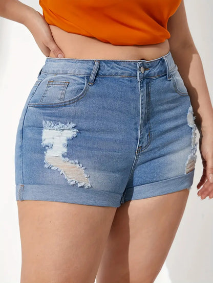 Plus Size Casual Denim Shorts, Women's Plus Plain Ripped Roll Up Button Fly High Rise Stretchy Skinny Denim Shorts