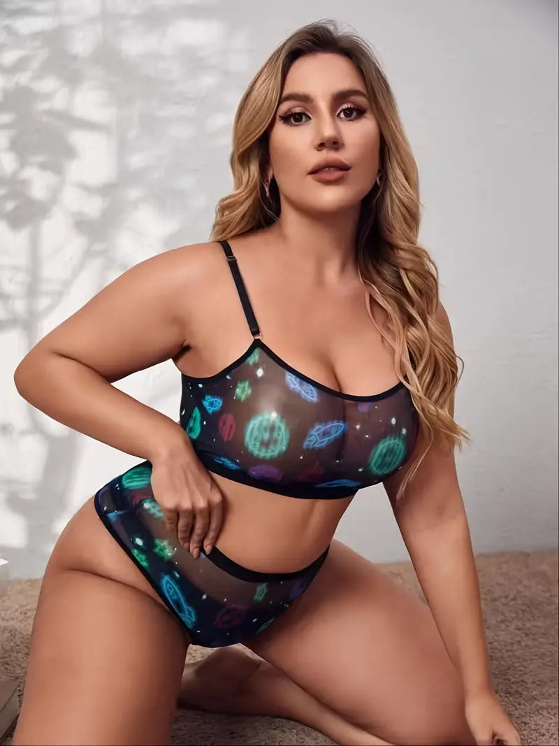 Plus Size Planet Print Contrast Mesh Bra & Panties Set, Women's Plus High Stretch Sexy Lingerie 2pcs Set, Women Plus Size Two Piece Set