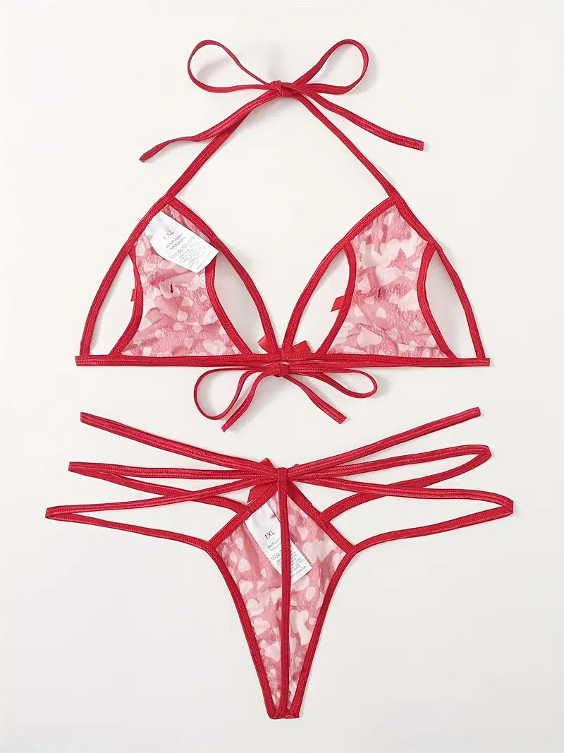 Flaunt Your Curves in This Sexy Plus Size Lingerie Set - Heart Print Mesh Cut Out Tie Back Bra & Strappy Thong!