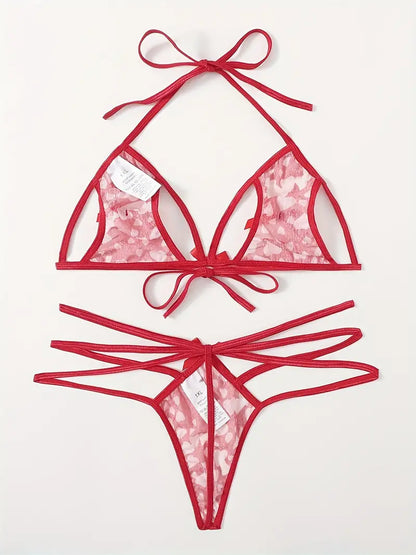 Flaunt Your Curves in This Sexy Plus Size Lingerie Set - Heart Print Mesh Cut Out Tie Back Bra & Strappy Thong!