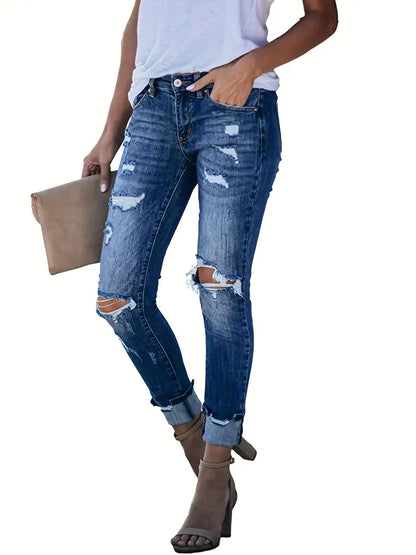 Blue Ripped Holes Straight Jeans, Slant Pockets High Stretch Casual Denim Pants, Women's Denim Jeans & Clothing