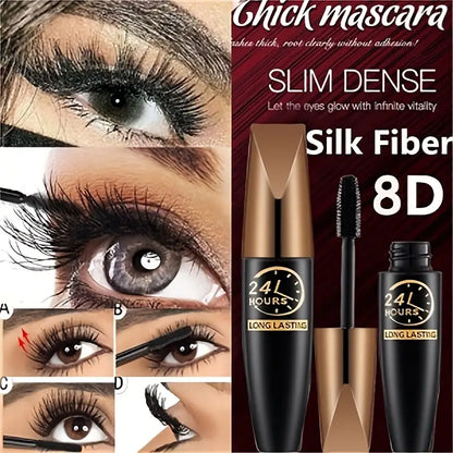 Mascara imperméable à l'eau de mascara de cils de fibre de soie 8D pour l'extension de cils noir épais cils bigoudi cosmétique 1 pièces, cadeaux de la Saint-Valentin pour les femmes