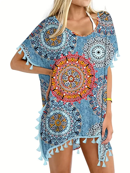 Floral Print Hobo Style Tassel Trim Beach Cover Up, Scoop Neck Blue Side Split Kaftan Cover Up Dress, Women's Swimwear & Clothing