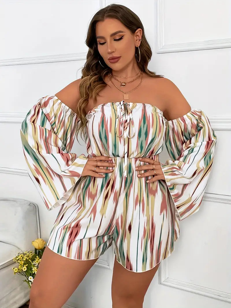 Plus Size Casual Romper, Women's Plus Colorful Stripe Print Off Shoulder Ruffle Sleeve Tie Front Tube Romper