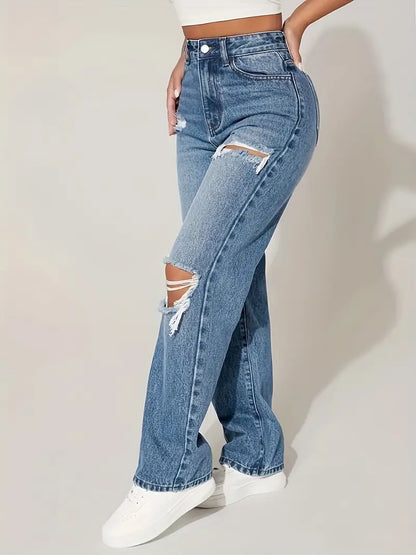 Jean droit bleu à trous déchirés, trous déchirés avec poches inclinées, pantalon en denim taille moyenne, jeans et vêtements en denim pour femmes 