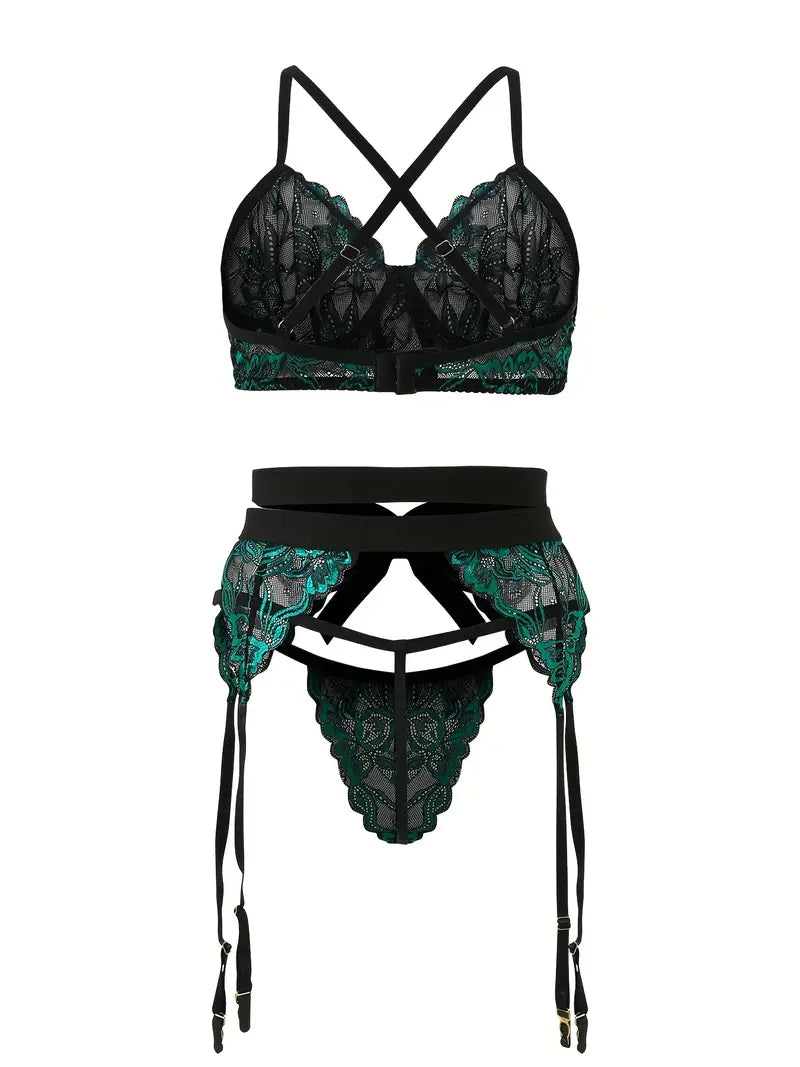 Plus Size Naughty Lingerie Two Piece Set, Women's Plus Floral Lace Criss Cross Bow Knot Bra & Thong With Cut Out Garter Belt Lingerie 2 Piece Set