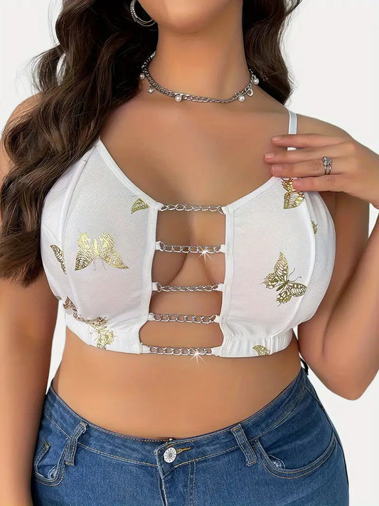 Plus Size Butterfly Print Metal Chain Decor Seamless Bra, Women's Plus High Stretch Sexy Bra