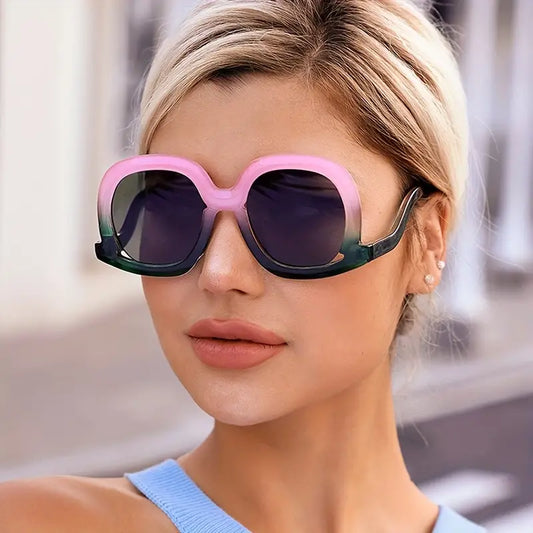 Lunettes de soleil à monture ronde surdimensionnées pour femmes et hommes, verres dégradés, bloc de couleurs, accessoires Photo 