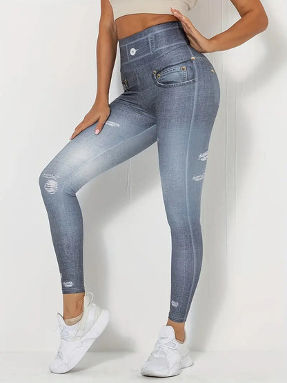 Leggings taille haute imprimés en Denim, Leggings Sexy Slim et longs avec fausses poches, vêtements pour femmes 