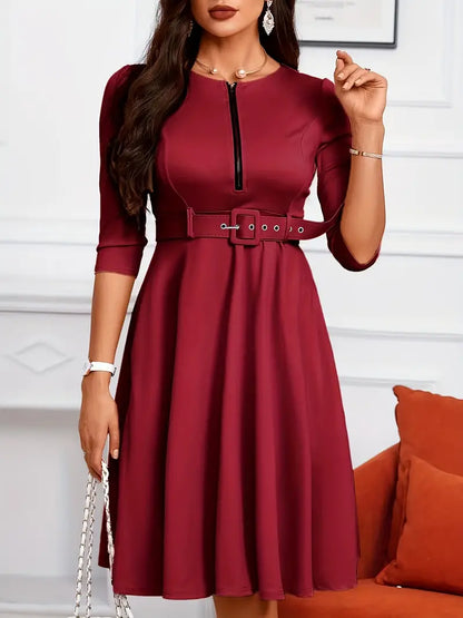 Women's Dresses Solid Crew Neck Zipper Dresses