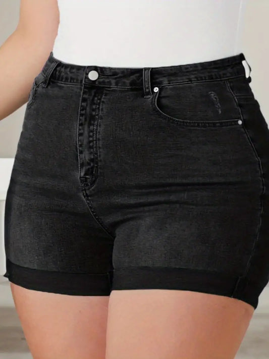 Plus Size Casual Denim Shorts, Women's Plus Solid Button Fly Roll Up High Rise High Stretch Denim Shorts