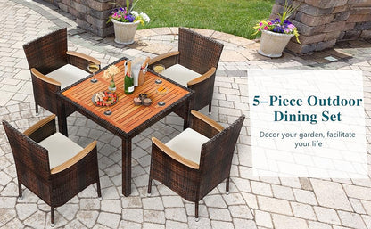 5-7 Piece Wicker Patio Dining Set Outdoor Acacia Wood Table and Chairs with Soft Cushions Furniture for Deck, Backyard, Garden