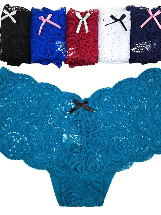 6pcs Floral Lace Bow Tie Panties, Low Waist Semi-sheer Intimates Panties, Women's Lingerie & Underwear