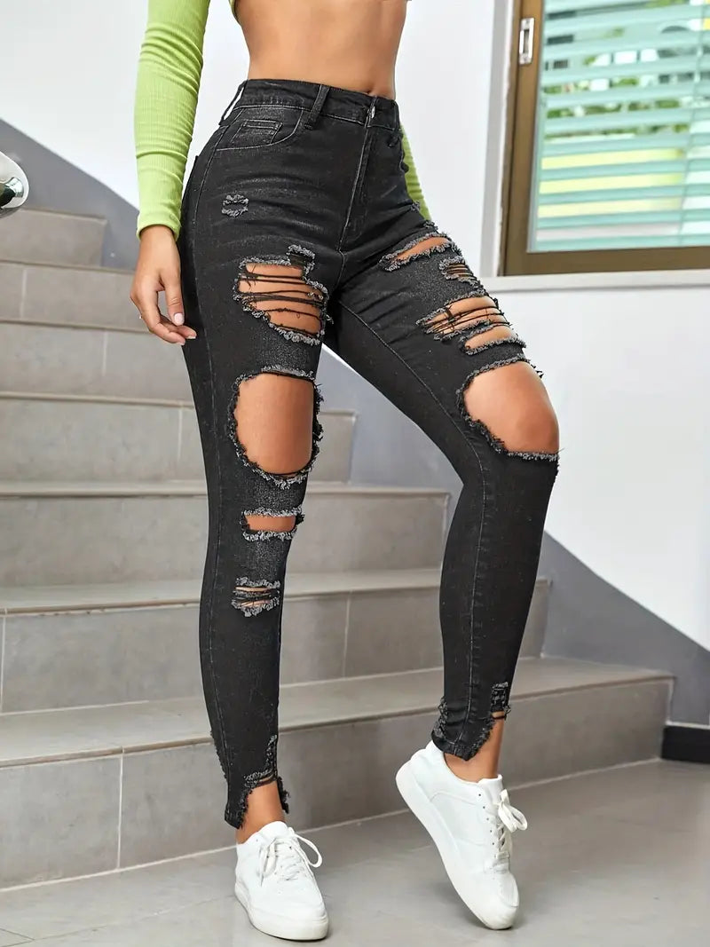 Women's Street Style Ripped & Distressed High Rise Skinny Jeans - Solid Black Frayed Hem & Slash Pockets