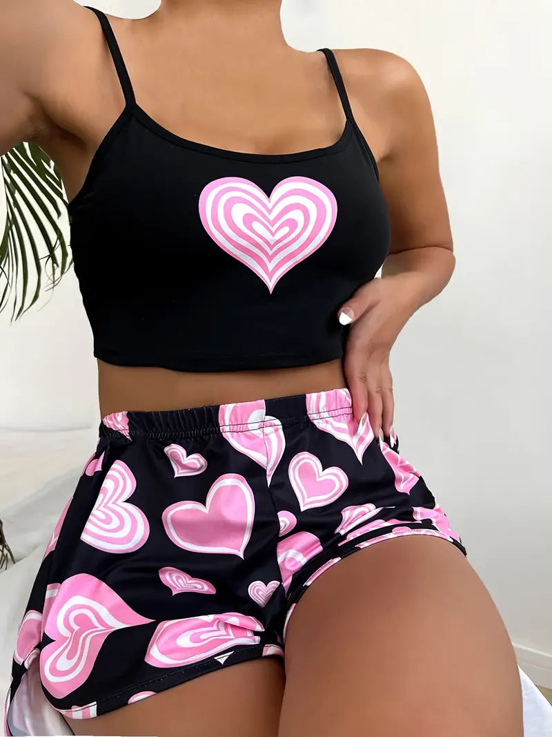 Plus Size Casual Pajamas Set, Women's Plus Cute Heart Print Cami Top & Shorts 2pcs Set