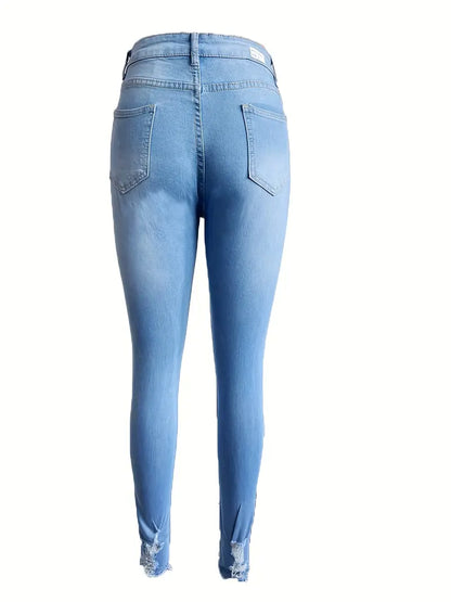 Blue Ripped Holes Skinny Jeans, Ultra Distressed Slim Fit Frayed Hem Casual Denim Pants, Women's Denim Jeans & Clothing