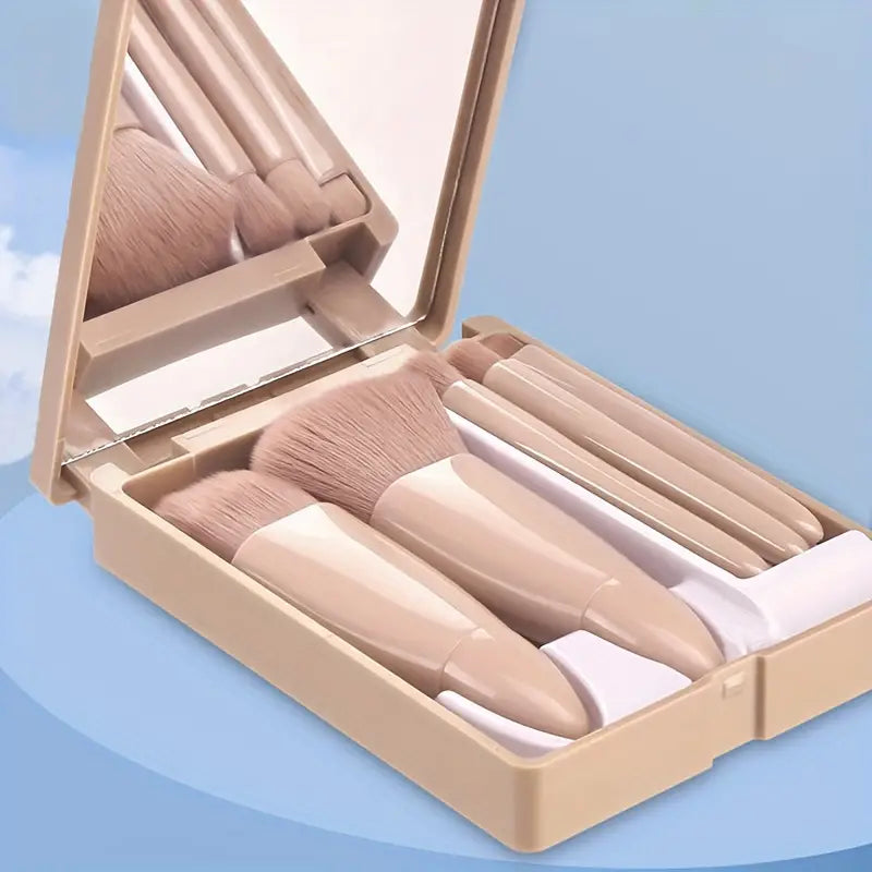 Ensemble de pinceaux de maquillage de taille voyage 5 pièces avec étui et miroir, petit kit de pinceaux cosmétiques à fonction complète, professionnel pour le mélange de fond de teint en poudre libre de fard à paupières, parfait pour les déplacements 