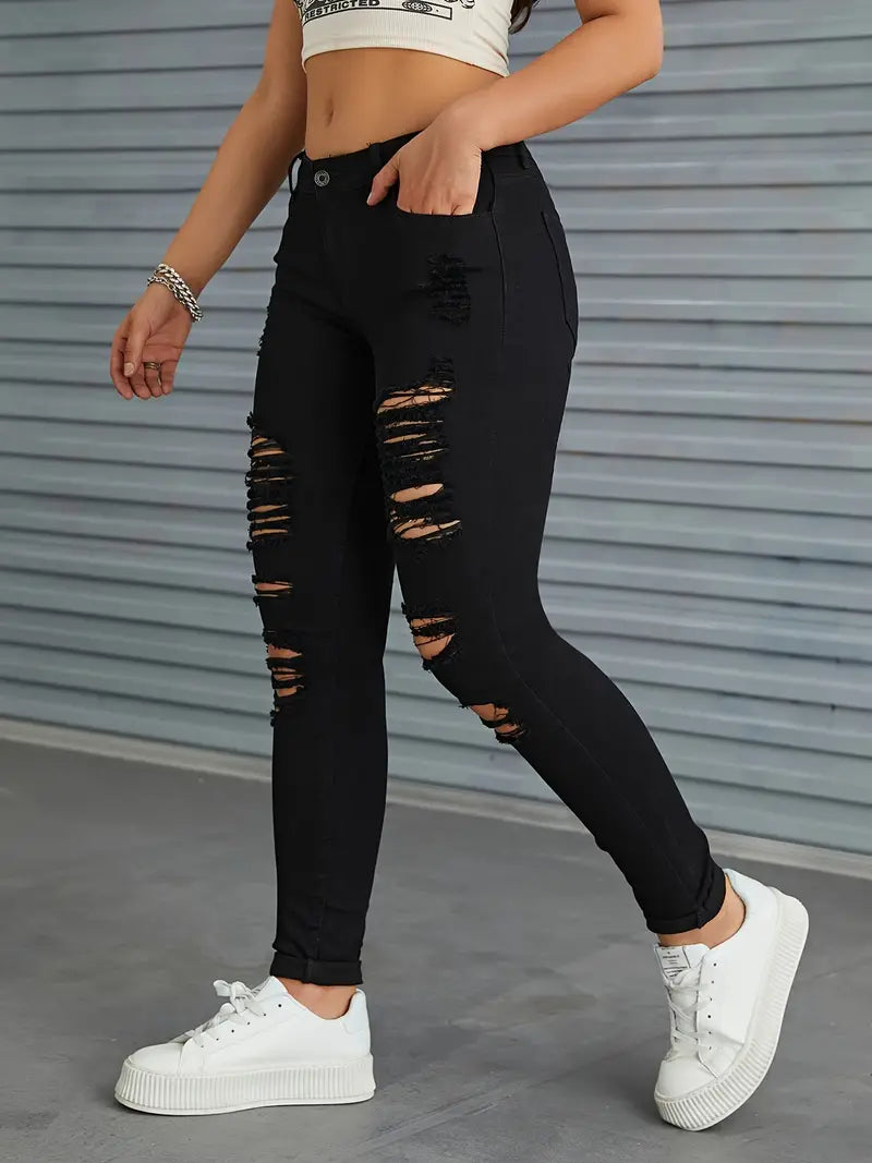 Ripped Solid Color Slim Fit Jeans, Slash Pockets Vintage Button High Stretch Trousers For Women, Women's Denim Jeans & Clothing