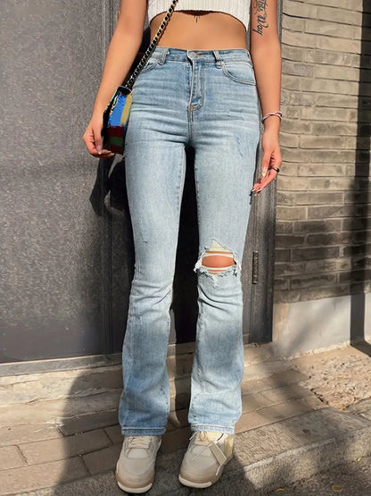 Blue High Waist Flared Jeans, Ripped Holes Slash Pockets Boot-Cut Denim Pants, Women's Denim Jeans & Clothing