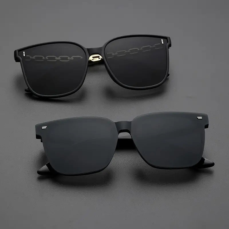 2pairs Trendy Cool Black Frame Sunglasses Set, Rimless Sunglasses & Hollow Golden Chain Design Temples Full Rim Sunglasses, Men Women Casual Versatile Party Driving Decors , Ideal Choice For Gifts