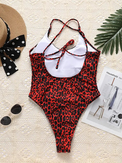 Leopard Print Halter Neck One Piece Swimsuit: Make a Splash in This Sexy, High Cut Bathing Suit!