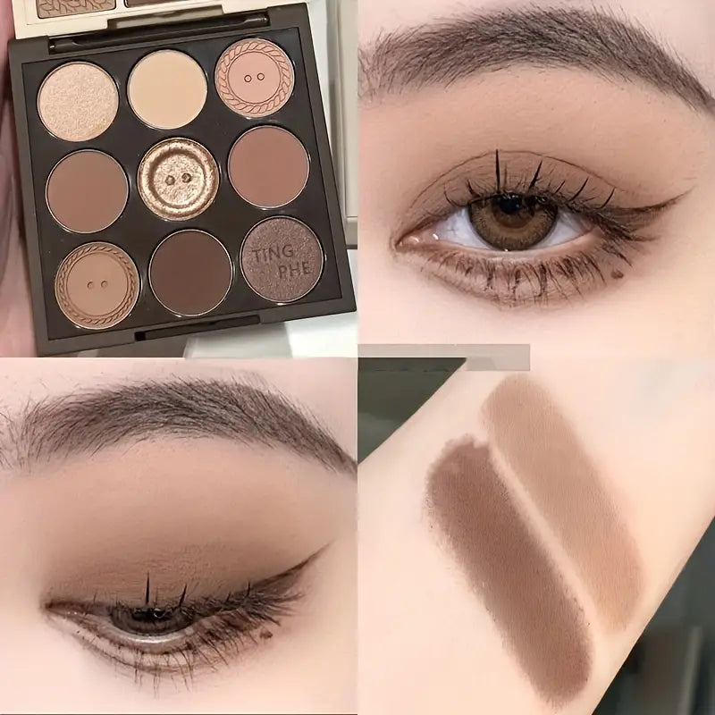 9 Colors Eyeshadow Palette, Pearly Glitter Matte Brown Color Nude Color Tone Milk Tea Color Daily Light Makeup