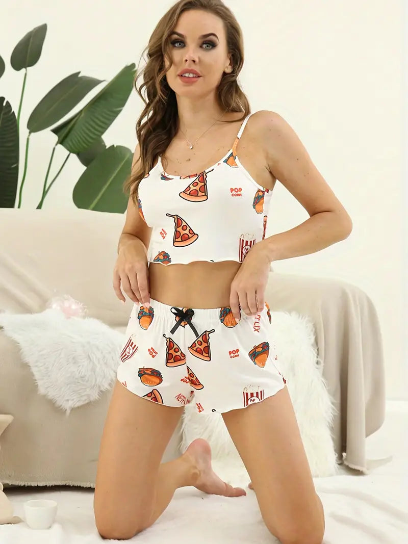 Women's Printed Bow Pajama Set - Look & Feel Comfy & Chic in this Sleeveless Cami & Fungus Trim Loose Shorts!