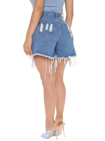 Blue Frayed Hem Denim Shorts, Ripped Holes Slim Fit Slant Pockets Versatile Denim Shorts, Women's Denim Jeans & Clothing