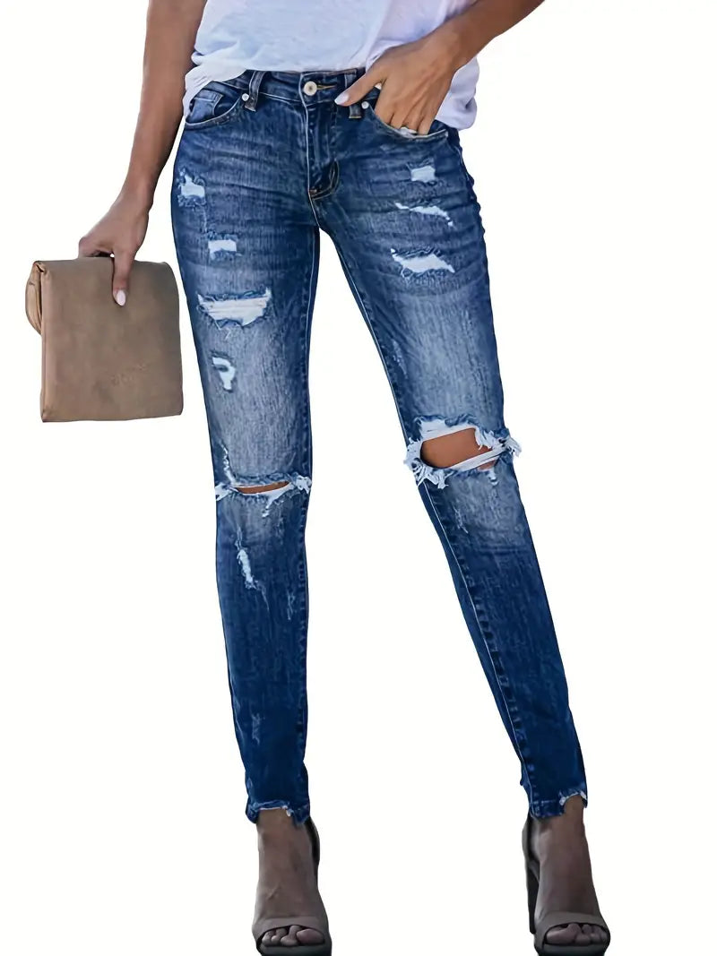 Blue Ripped Holes Straight Jeans, Slant Pockets High Stretch Casual Denim Pants, Women's Denim Jeans & Clothing