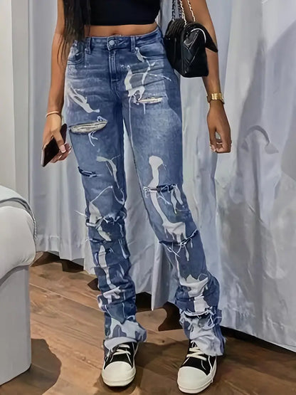 Blue Extra Long Denim Jeans, Ripped Holes Distressed Slash Pockets High-Stretch Denim Pants, Women's Denim Jeans & Clothing