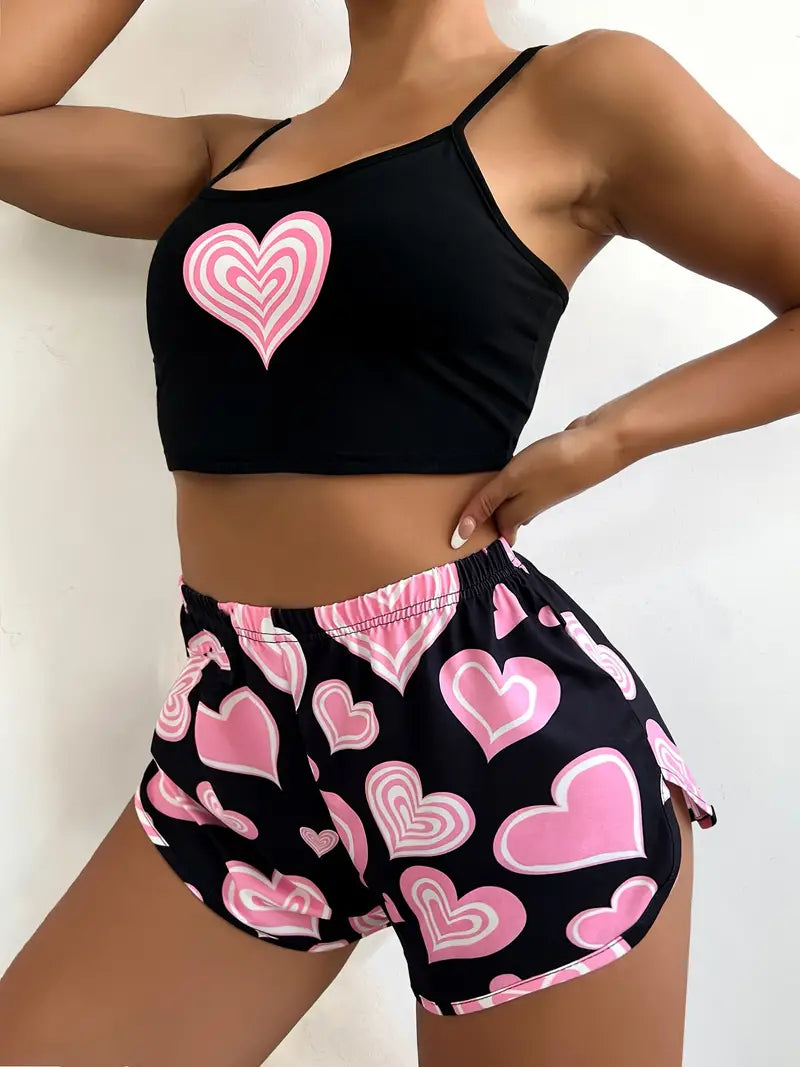 Plus Size Casual Pajamas Set, Women's Plus Cute Heart Print Cami Top & Shorts 2pcs Set