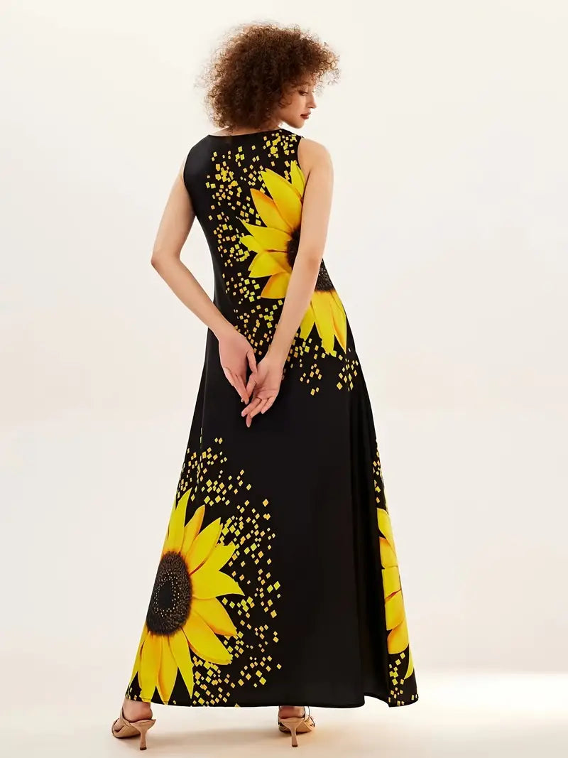 Sunflower Print Keyhole Dress, Casual Crew Neck Sleeveless Maxi Dress With Pocket, Women's Clothing